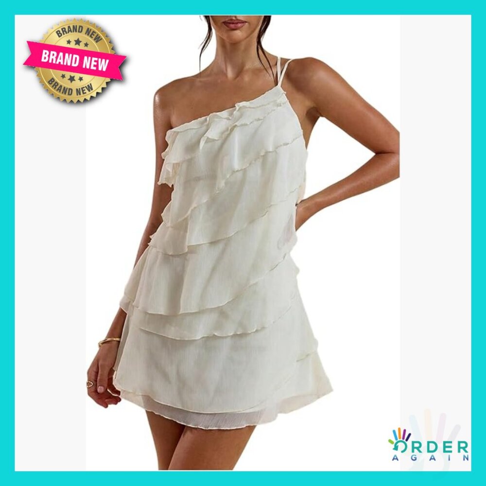 One Shoulder Ruffle Mesh Mini Dress Backless Layered Party Sundress